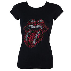 Tričko metal ROCK OFF Rolling Stones Classic Tongue Rhinestone lds černá XXL