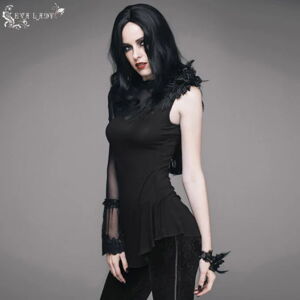 tričko gothic and punk DEVIL FASHION In Flux Gothic Top With Mesh Panel And Lace černá XS-M
